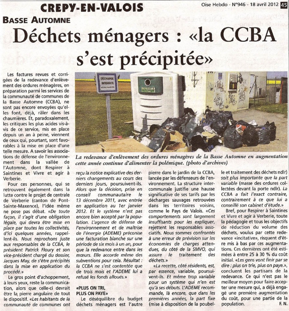 Oise hebdo, 18 avril 2012 :
Déchets ménagers, la CCBA s'est précipitée
